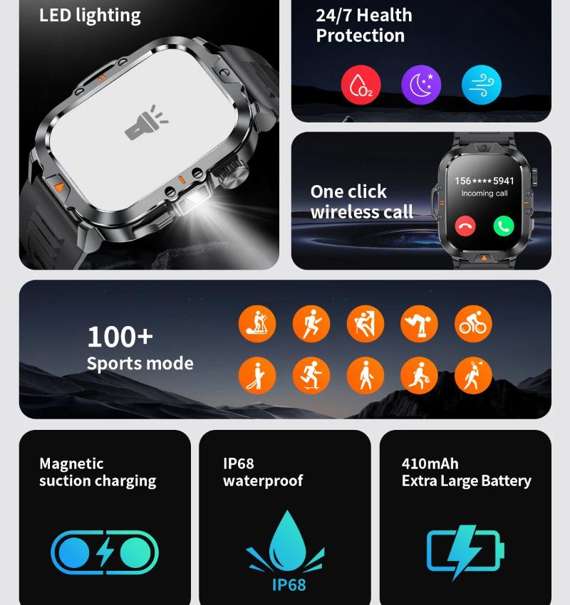Новые мужские смарт-часы 2025 года с 2,01-дюймовым HD-экраном, фонариком, для занятий спортом на открытом воздухе, водонепроницаемые IP68, с монитором здоровья, для звонков