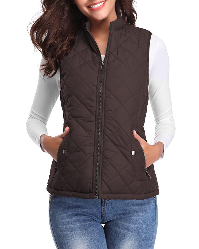 2022 Women's Fashion Quilted Cotton Vest with Zipper Pockets and Stand-Up Collar