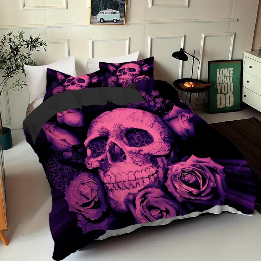 Violet Rose Golden Skull Pattern 3D Print Duvet Cover Halloween Gothic Style Bedding Set With Pillowcase Polyester Quilt Cover