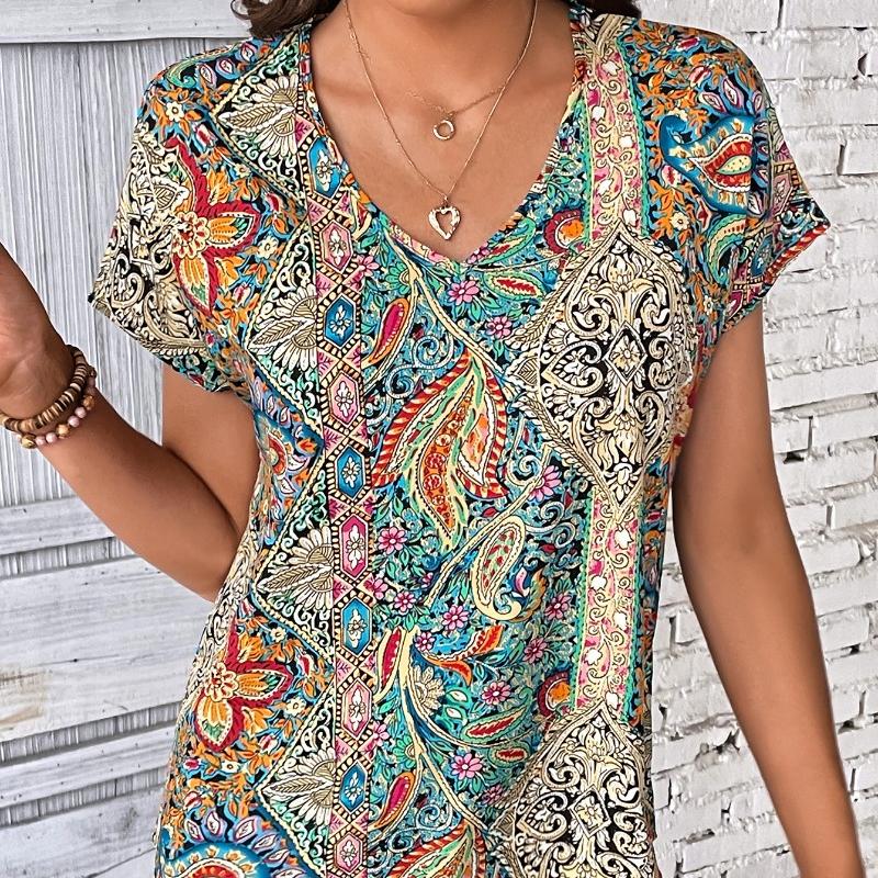 Богемная летняя женская блузка с принтом в стиле ретро, ​​повседневные топы, элегантные пляжные свободные рубашки с коротким рукавом для женщин, модные праздничные женские блузки 24482