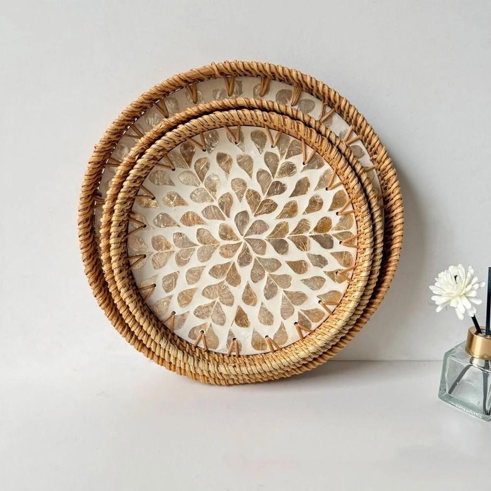 Round Rattan Tray Handmade Decorative Tray Storage Tray Woven Tray Table Tray