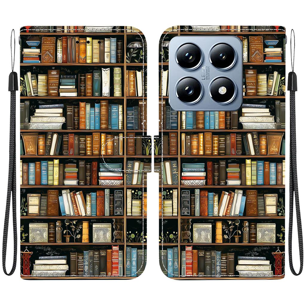 Handmade PU Leather Flip Case for Xiaomi 14T / Xiaomi 14T Pro Anti-Slip Shockproof Cover with Wrist Strap & Heart/Rose Cat Designs