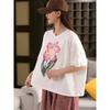 2025 Summer Cotton T-shirt Women Flower Printing Short Sleeve Loose Green Blue T-shirt