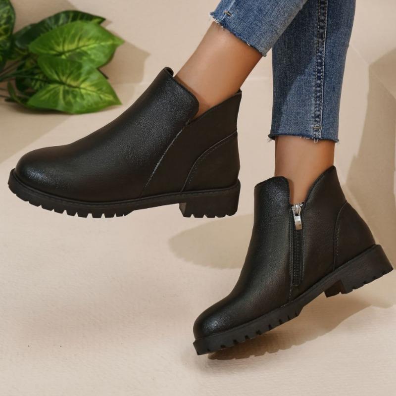 European andAmerican Foreign Trade Low-heeled Round-head Short Martin Boots Women's Autumn New Large-size British-style Thin Side Zipper Leather Boots