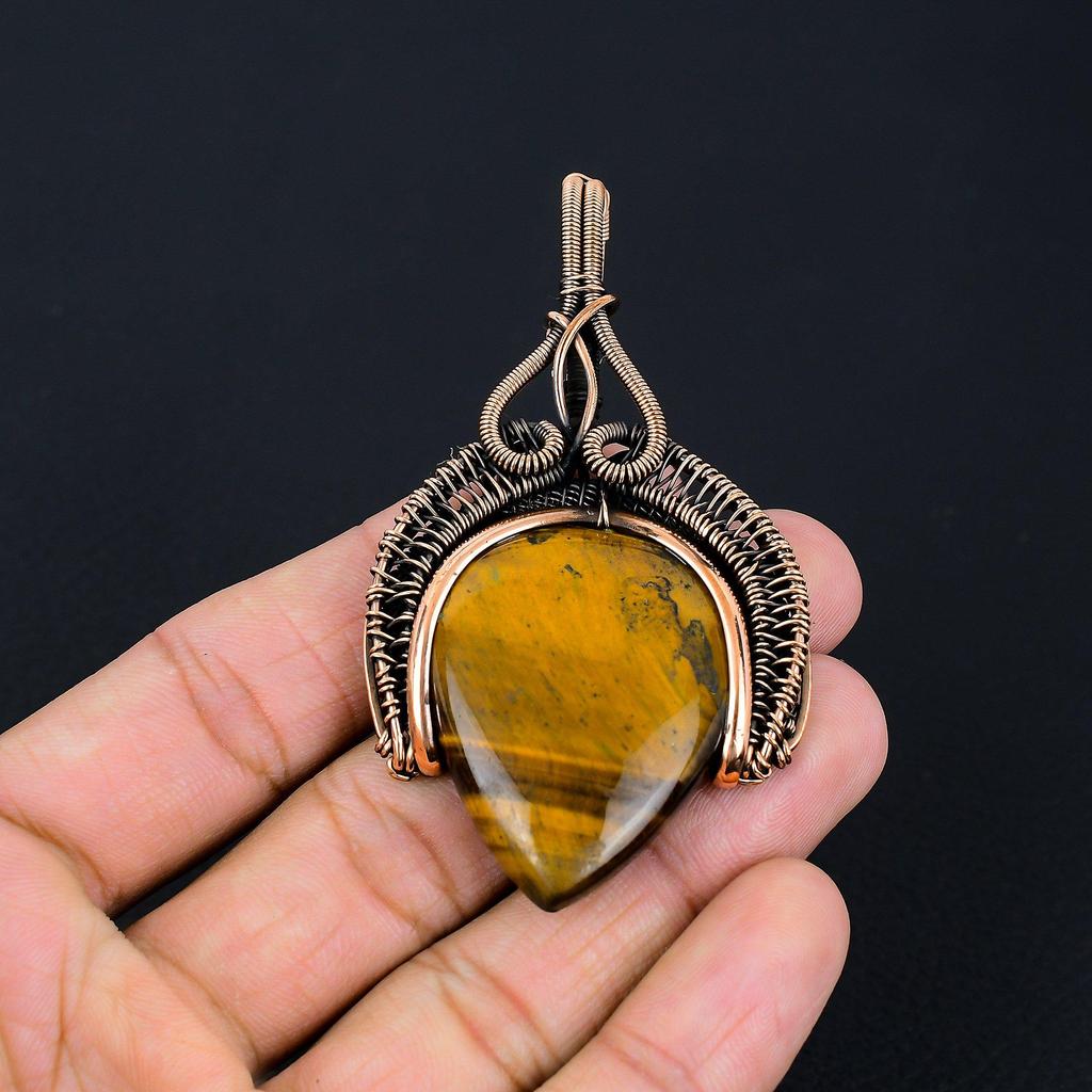 Tiger Eye Gemstone Handmade Pure Copper Wire Wrapped Pendant Jewelry For Women
