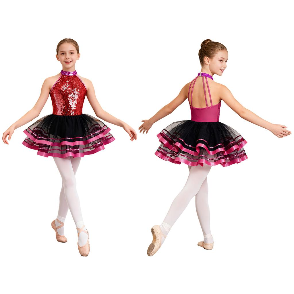Гимнастическое платье для девочек, блестящие платья для балета и танцев, юбка с открытой спиной, костюм балерины