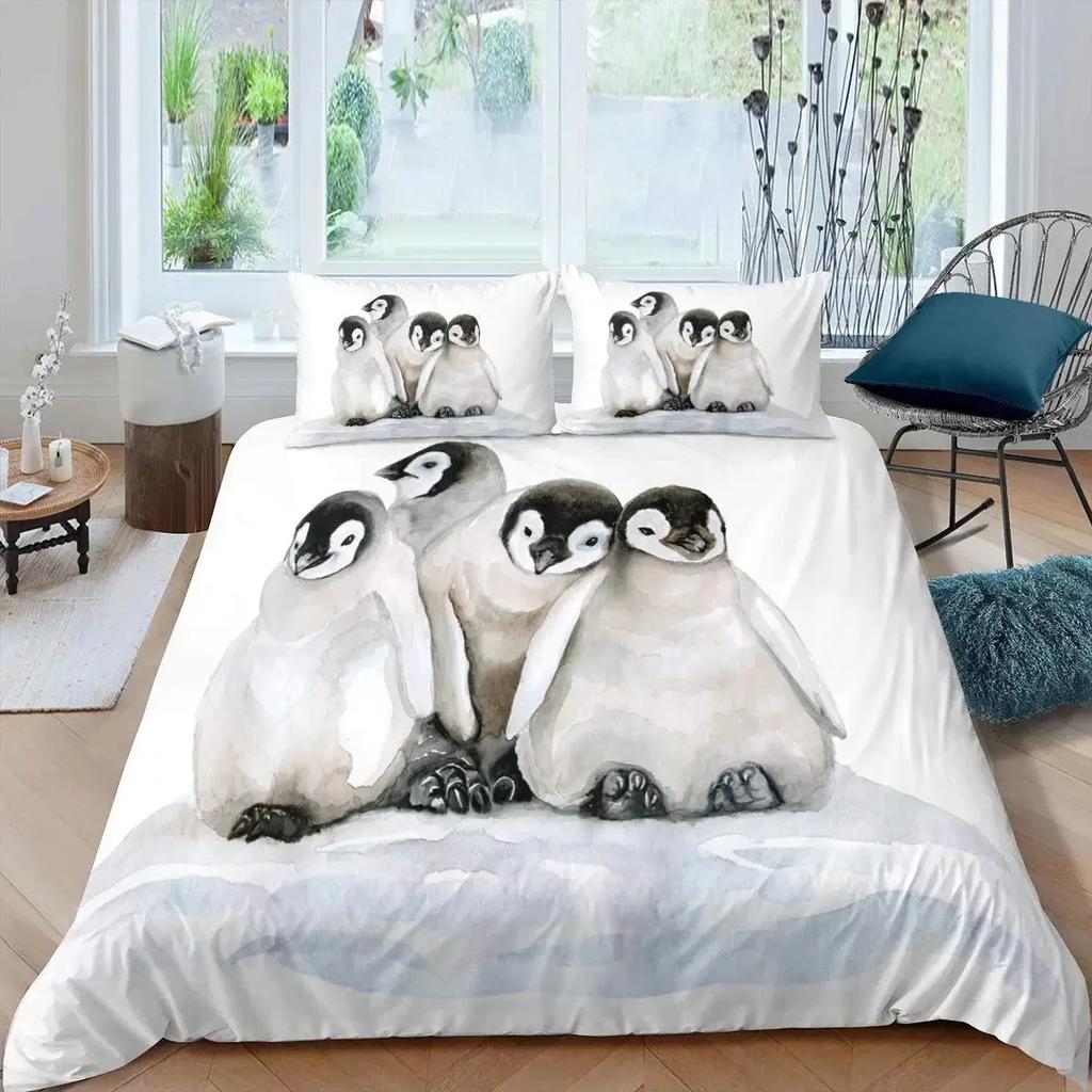 Penguin Duvet Cover Set Full Cute Animals Bedding Set Snow Decor Comforter Cover Set Cute Penguin Animal Quilt Cover Queen Size