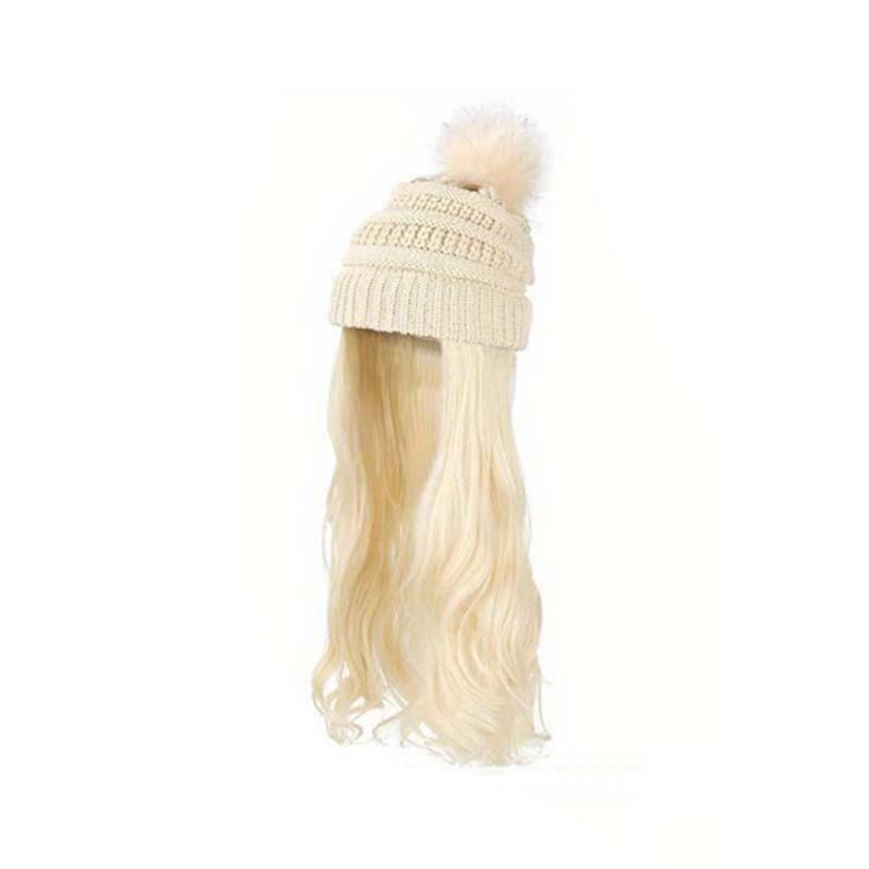 Autumn Winter New European American Women's Long Curly Hair Big Wave Hat Solid Color Knitted Yarn Wig Diagonal Bangs
