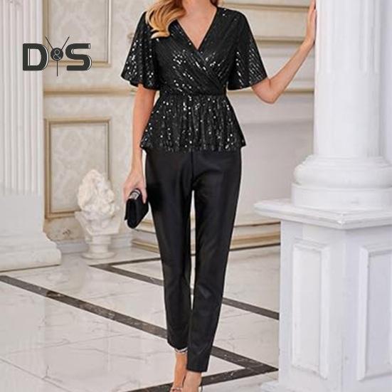Women Sequin Tops V-Neck Ruffle Sleeves Glitter Blouses Waist Tight Elastic Hem Evening Cocktail Shiny Tops