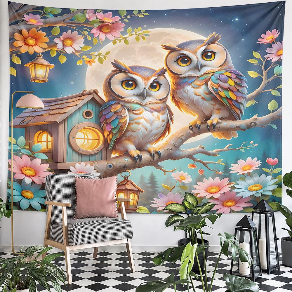 Colorful Owls on Tree with Full Moon Pattern Wall Hanging Tapestry Decorative Tapestry Home Decor for Bedroom and Living Room