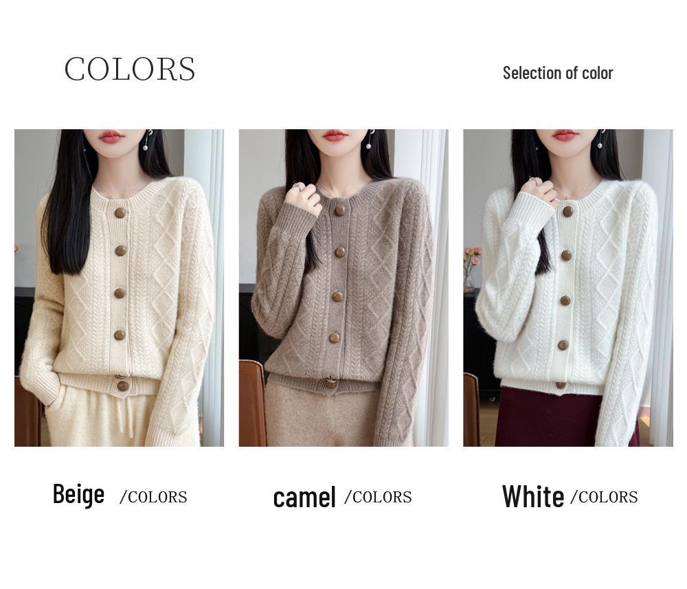 Women's Retro Cable Knit 100% Wool Cardigan - Soft Thickened Old Money Style Sweater Coat