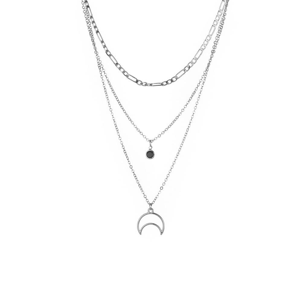 Vintage Alloy Moon Black Hemming Diamond Pendant Necklace Multilayer Chain Clavicle Chain