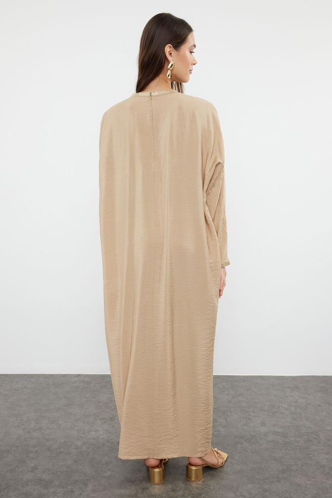 Women's Style Hijab Kimono Robe Beige Accessory Piping Detailed Woven Kaftan Dress