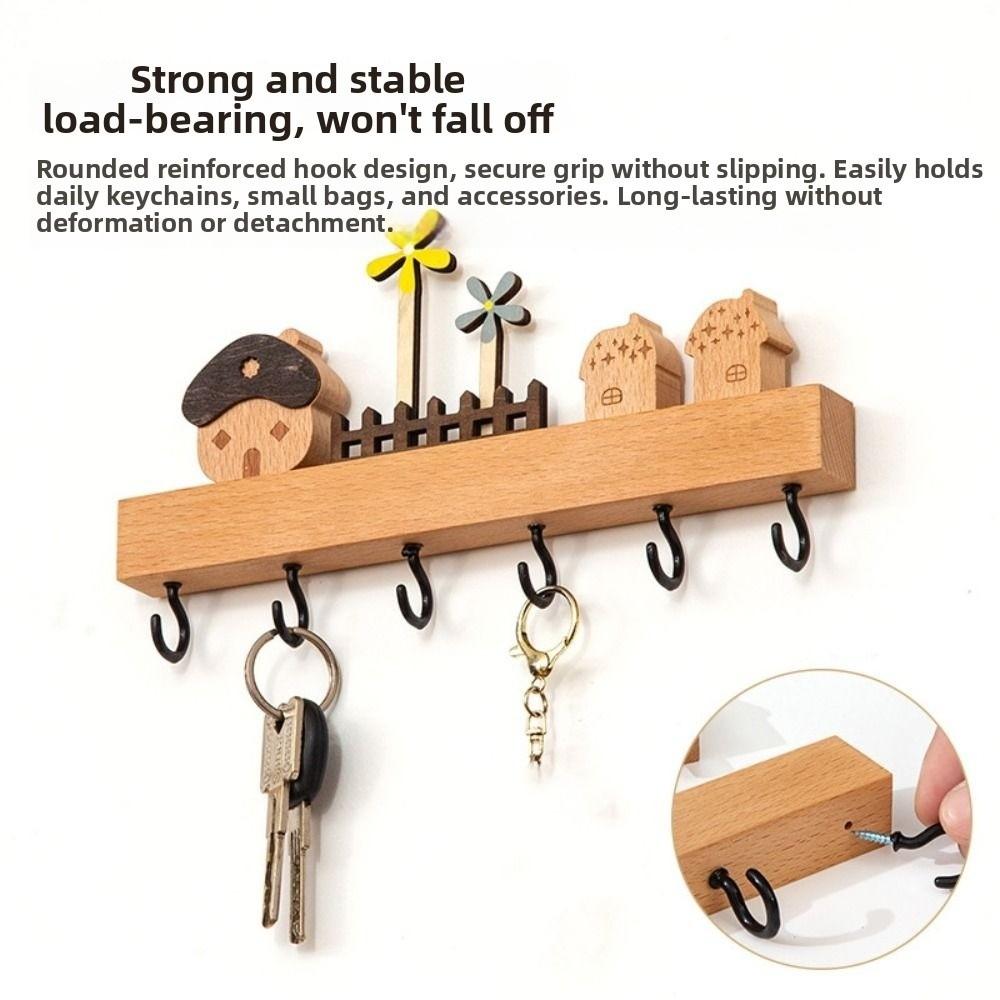 6 Hooks Key Storage Holder Wooden Sundries Storage Shelf Home Decor Accessory Coat Rack Towels