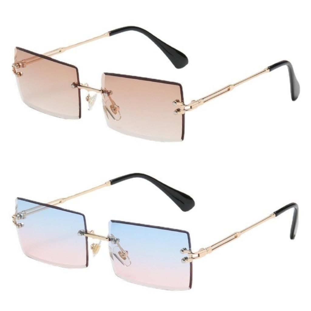 2pcs Sunglasses For Women Fashion Rimless Beach Gradient Sunglasses Original Rectangle Glasses UV400 Eyeglasses