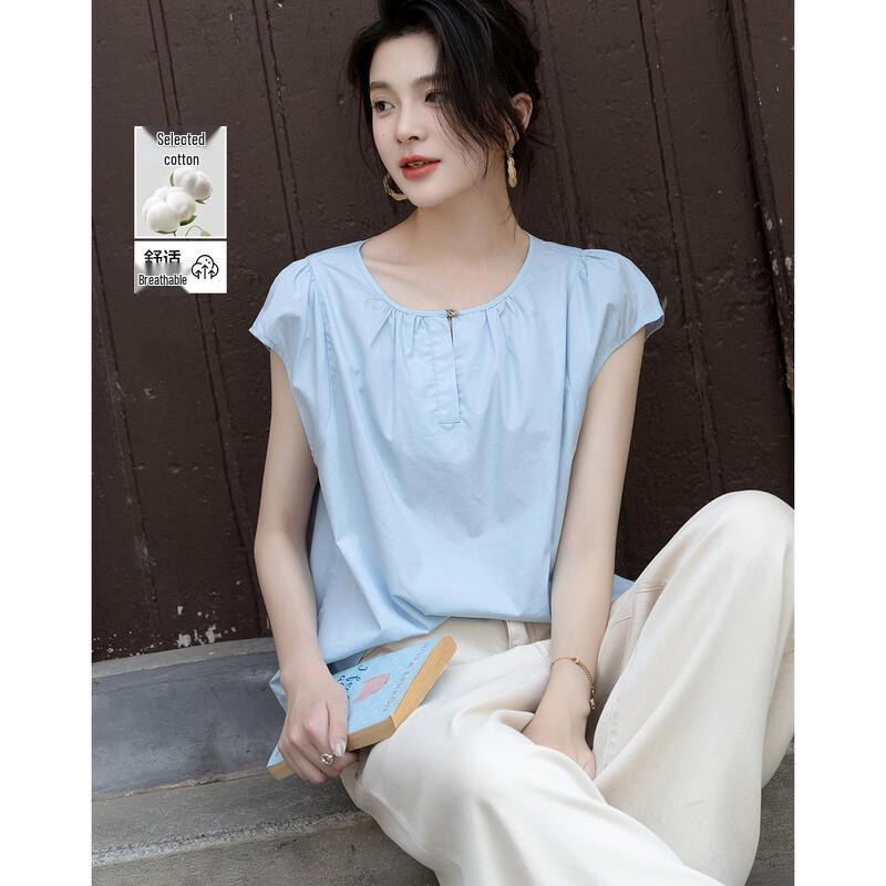 Women's Lightweight Cotton Poplin Split Neck Flutter Sleeve Blouse