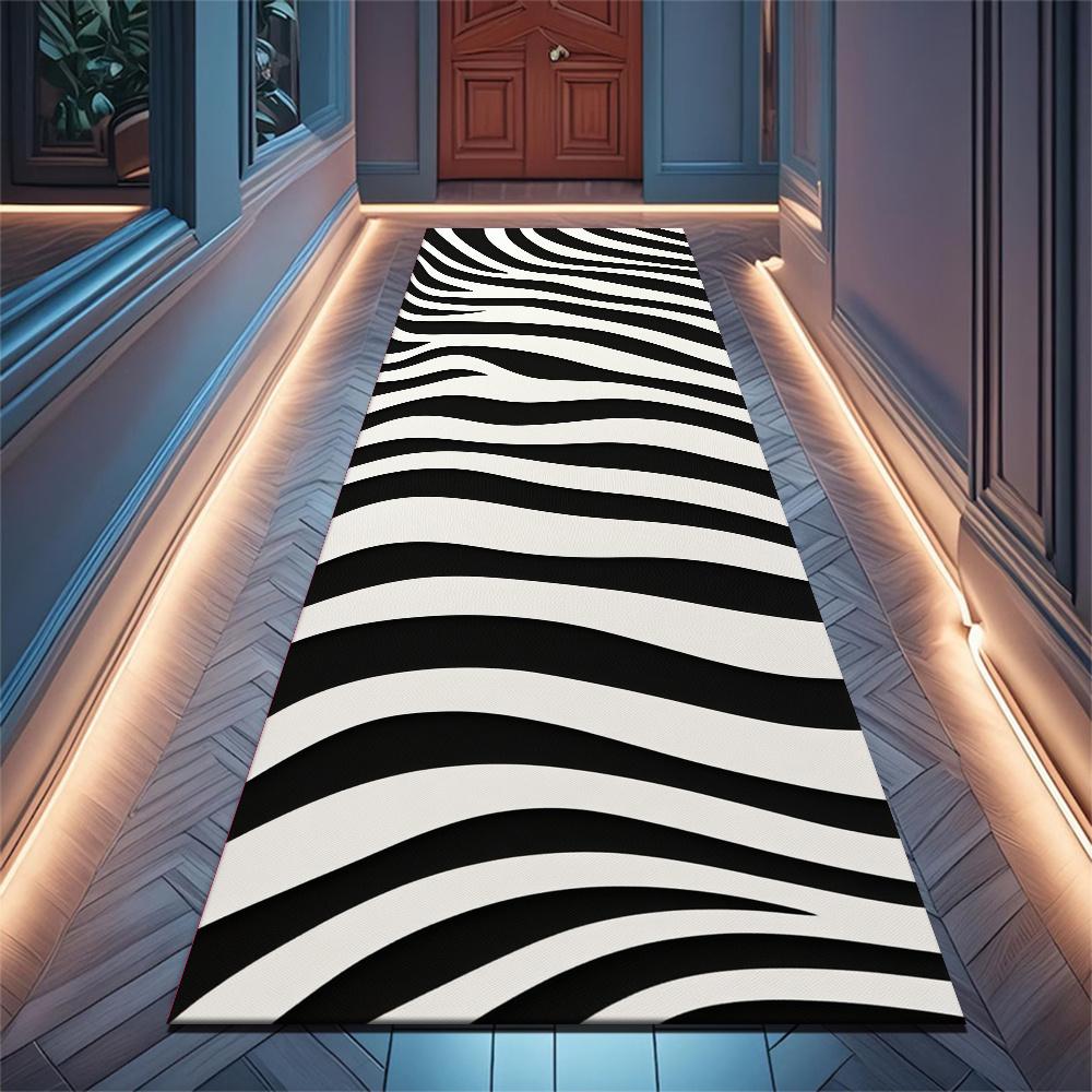 Classic Black White Zebra Wave Stripe Runner Rug, Non-Slip Rug for Kitchen, Entryway, Bathroom & Living Room Fashion Decor
