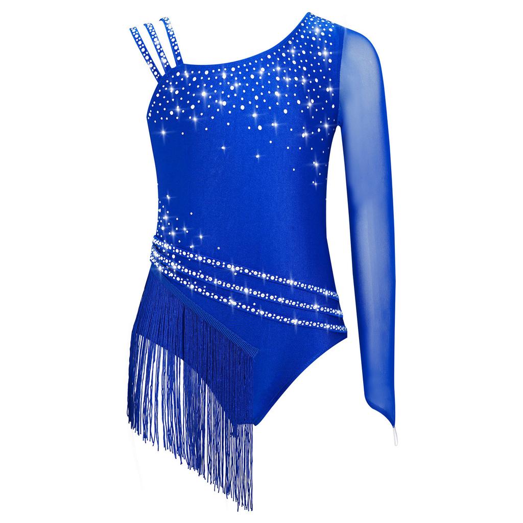 Girls Sparkling Rhinestones Fringe Leotard Irregular Tassel Bodysuit Figure Skating Dance Performance