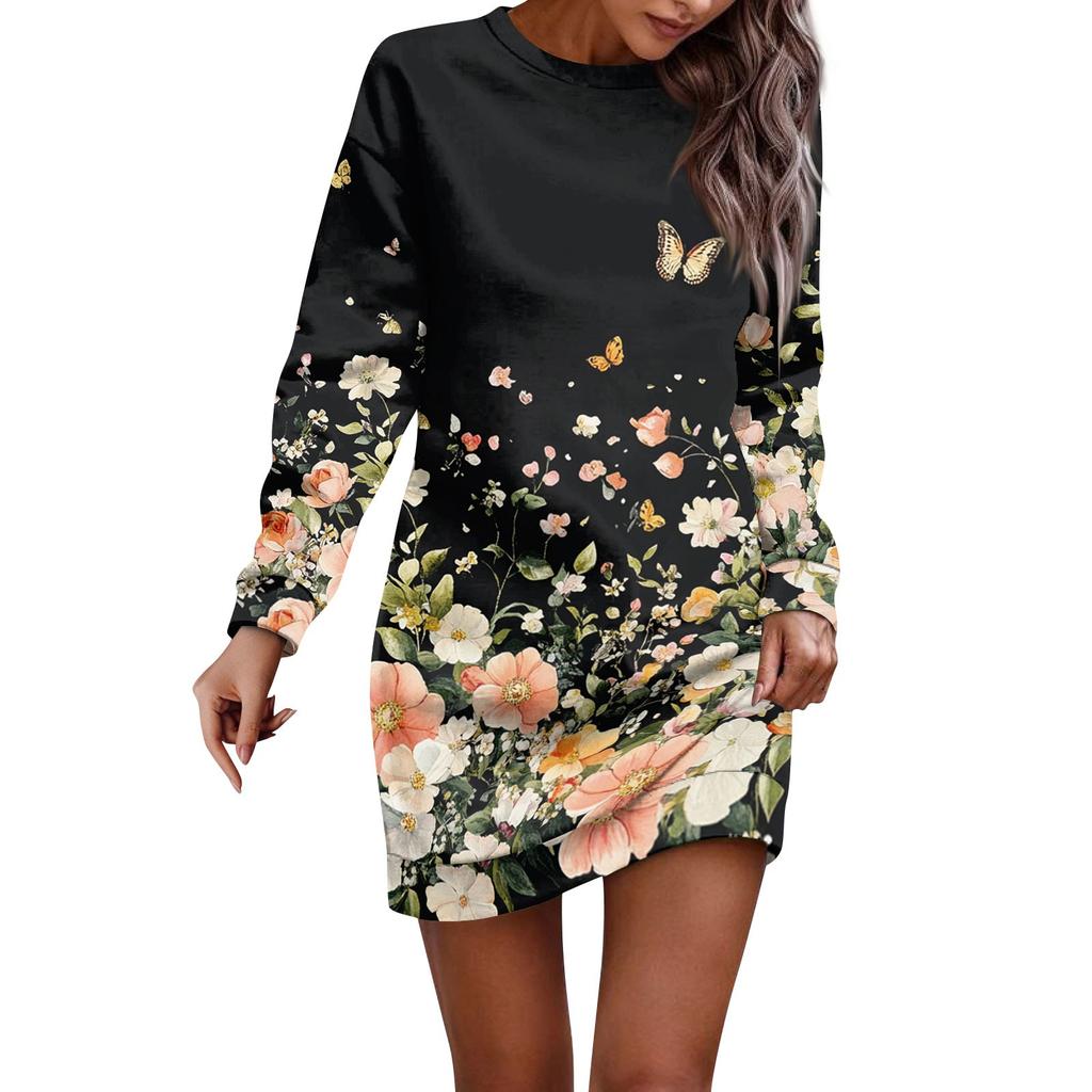 Женское платье-халат с круглым вырезом и винтажным цветочным принтом, с длинным рукавом, платья-толстовки