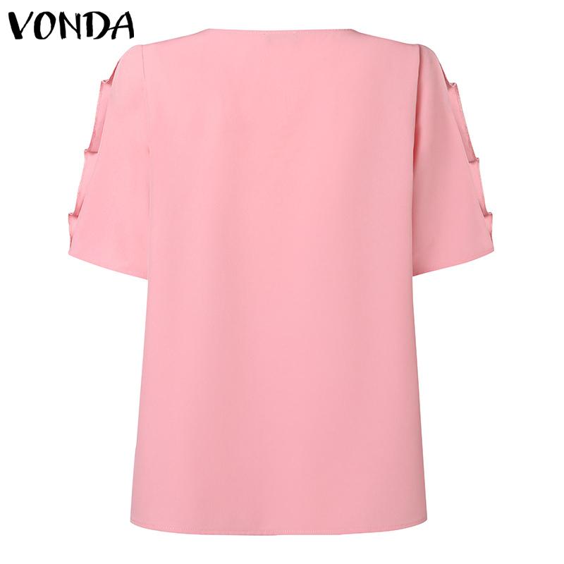 VONDA Женская летняя повседневная однотонная свободная блузка с круглым вырезом и жемчугом в виде листьев лотоса и короткими рукавами