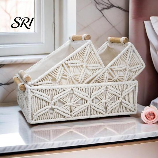 Neat Countertop Storage Box with Wooden Handles Large Capacity Basket Sturdy Frame Organizer Woven Design for Cosmetics And Sundries Space-saving