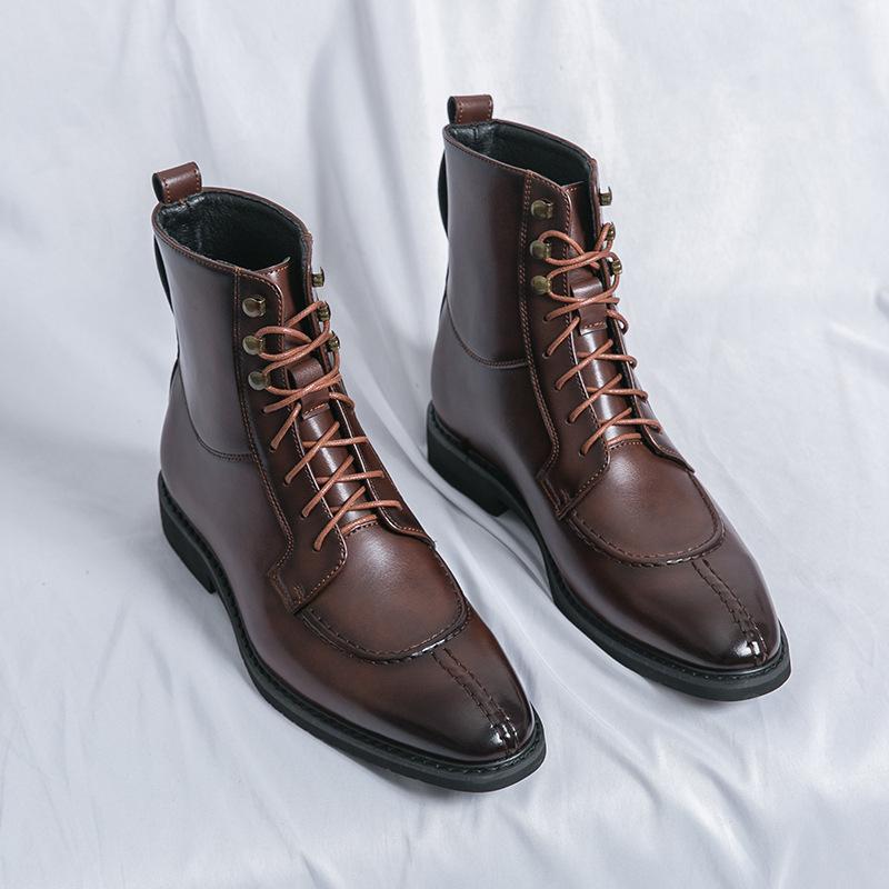 British Men's Leather Boots Pointed Business Dress Boot Lace Up High-Top Boots for Men Brand Casual Ankle Boot Botas2025