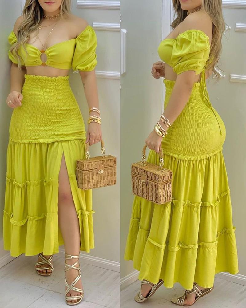 Summer 2023 Solid Color One-Shoulder High Slit Back Zipper Dress Set
