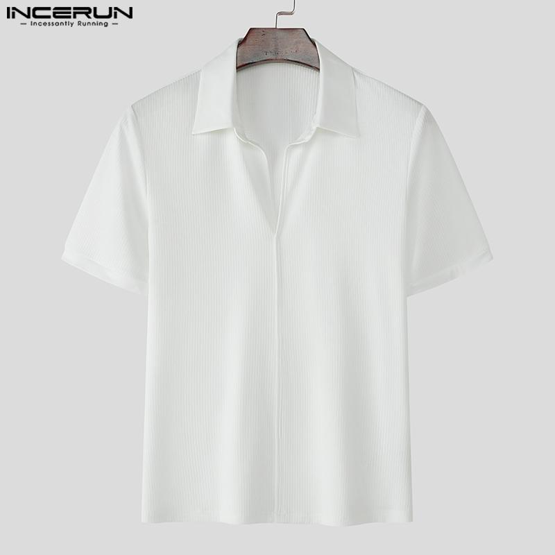 INCERUN Мужские футболки с лацканами, коротким рукавом, повседневные, приталенные, в рубчик