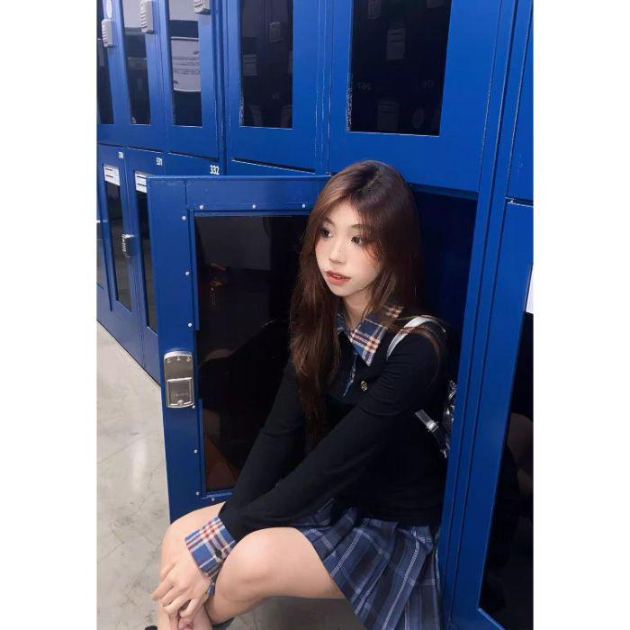 Корейский стиль, клетчатый колор-блок, поло-воротник, костюм-двойка, длинный рукав, облегающий крой, женский, миниатюрный, весенний топ