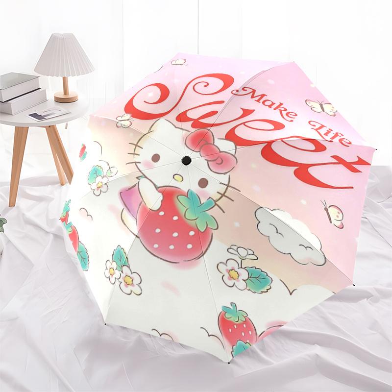 1pc Hello Kitty Make Life Sweet Automatic Folding Umbrella - Portable 3-Fold Design with Iron Frame, Perfect for Outdoor Use, Festive Gifts, Travel, D