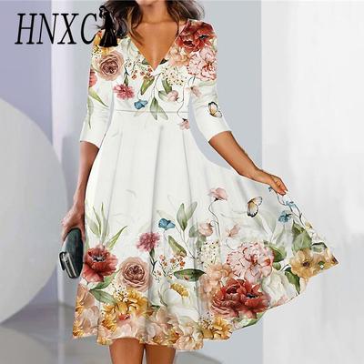 Женская мода лето весна повседневные платья с v-образным вырезом и рукавом 3/4