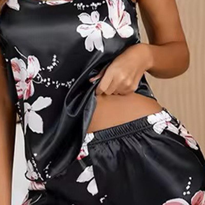 Trendy Casual Sleep Printed Camisole Tank Top Set Shorts Black Printed Camisole Women's Grey Sexy Elastic Waist Shorts Set