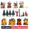 12/1Pcs Mini Resin Christmas Town Scene House Desktop Ornaments LED Lighted Miniature Village Figurines Xmas Decoration Ornament