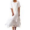 Women Midi Dress Round Neck Short Sleeve Multi-Layered Slit Hem Solid Color Dress Loose Fit Dress