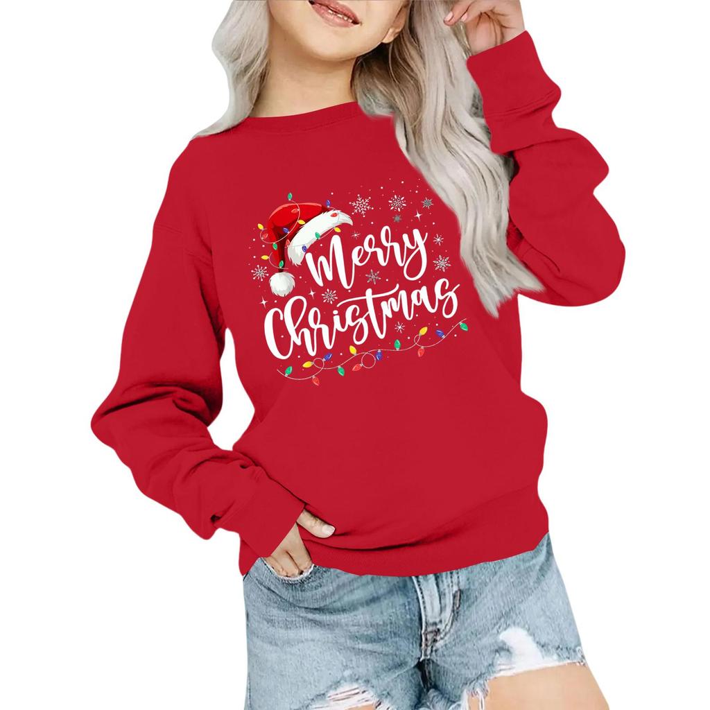 Kids' Fashion Loose-Fit Casual Long-Sleeve Christmas Print Oversized Crewneck Sweatshirt
