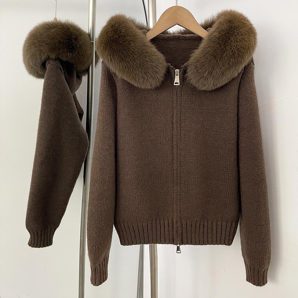 Женский кардиган пальто из натурального меха настоящий монгольский мех трикотаж весна осень с капюшоном вязаная меховая куртка