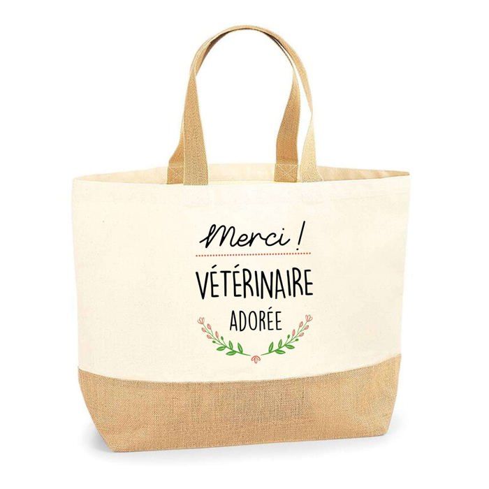 Tote bag - PLANETEE - Merci Vétérinaire Adorée - Jute naturel - Impression France - Poignées solides