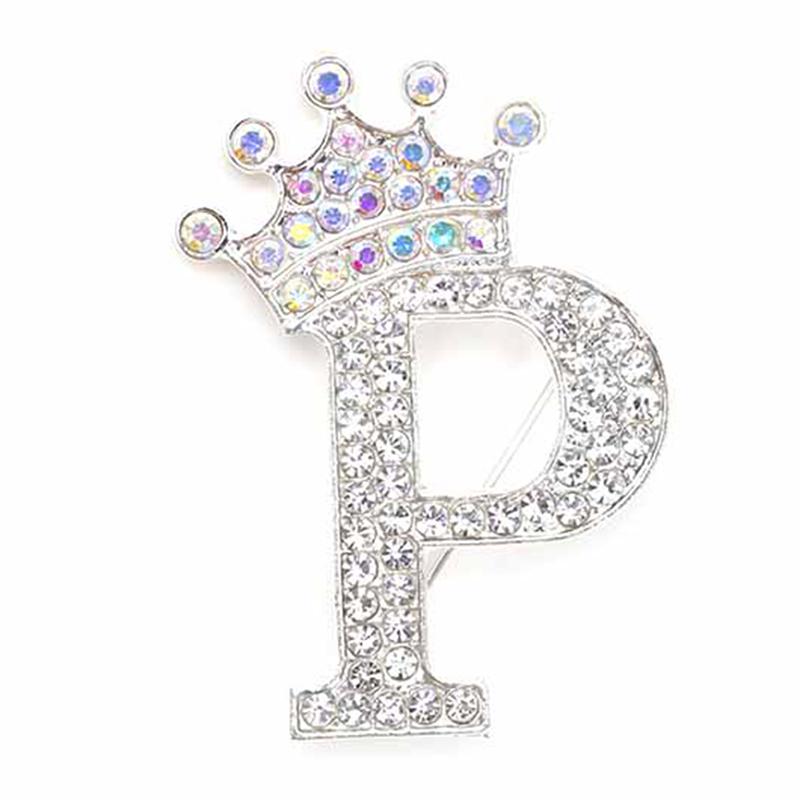 Fashion Crown 26 Initial Letters A To Z Crystal Rhinestone Brooch Pins Women