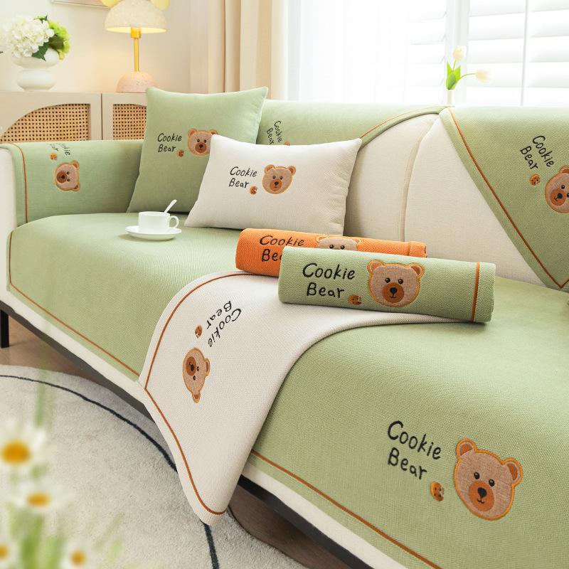 New Cartoon Sofa Cover Solid Color Chenille Universal Anti-slip Sofa Covers for Living Room Embroidered Little Bear Couch Covers