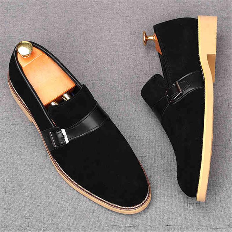 New Men's Pointed Genuine Leather Flats Monk Strap Shoes Brown Yellow Designer Male Homecoming Wedding Dress Footwear