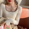 Long-sleeve T-shirt for Women Spring and Autumn Bottom Blouse Slim Knitted Patchwork Square Neck Top