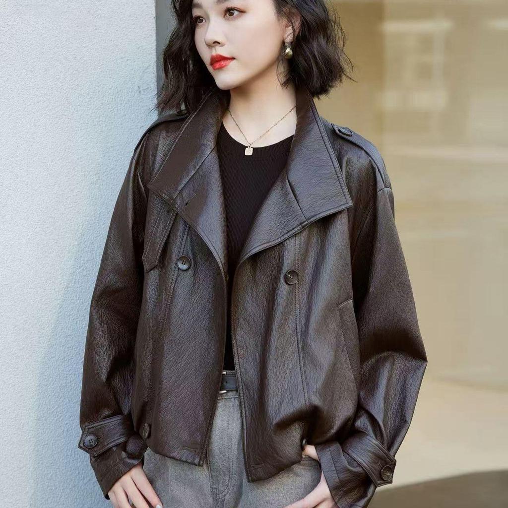 Женская осенняя кожаная мотокуртка в американском стиле 2025 года со стойкой