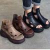 Women's Fish Mouth Roman Boots Soft Leather Thick-Soled Muffin Heel Hollow Sandals
