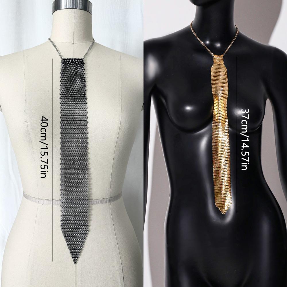 Fashion Narrow Crystal Rhinestone Neck Tie Adjustable Necklace Metal Sequin Necktie Soft Gold Glitter Cravat Suit Accessories