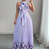 European and American women's clothing summer elegant neck strap waist flower printing pleated long pendulum dress