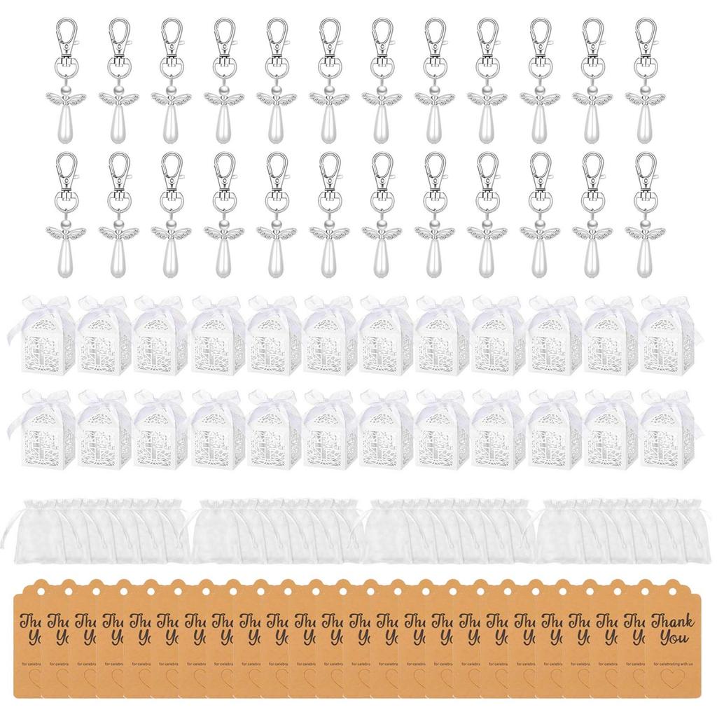 24/30 Piecces Angel Keychain with Baptism Favor Boxes/Bag Paper Alloy Key Rings Pendant Baby Shower Wedding Favor Gift