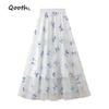 Elegant Women A-line Flash Butterfly Tulle Skirt Wide Hem Mid Length Elastic Waist Skirt QT2635