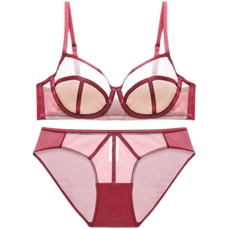 2022 New Thin Cup Underwear Sexy Lace Breathable Push Up Bra Set Women Romantic Burgundy Stripe Bandage Brassiere and Panties