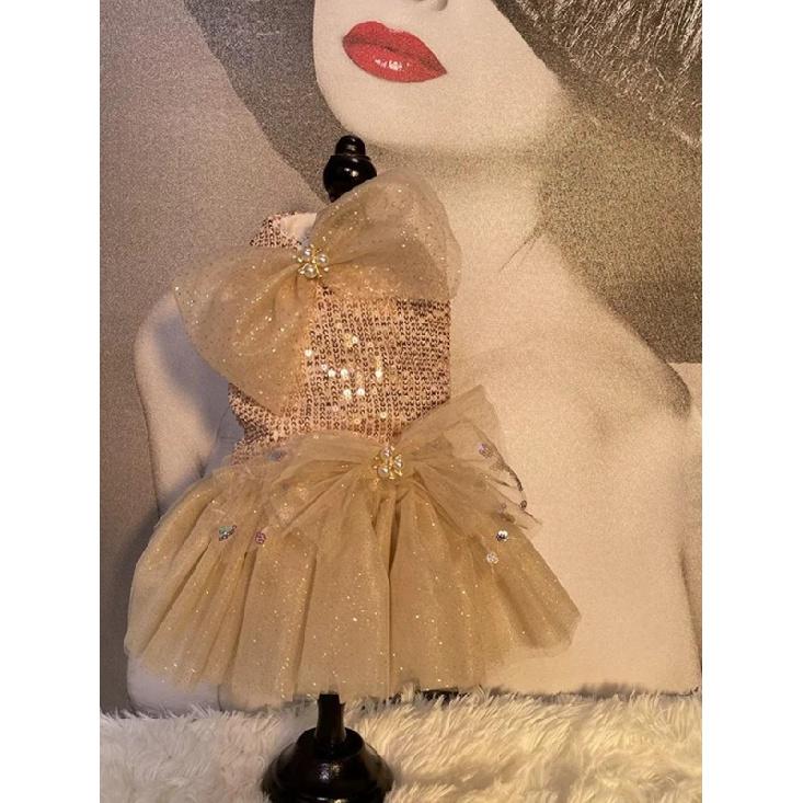 Champagne Gold Sequin Pet Formal Gown Outfit Glitter Tulle Big Bow Tutu Dress Luxury Party Wedding Costume for Small Pets