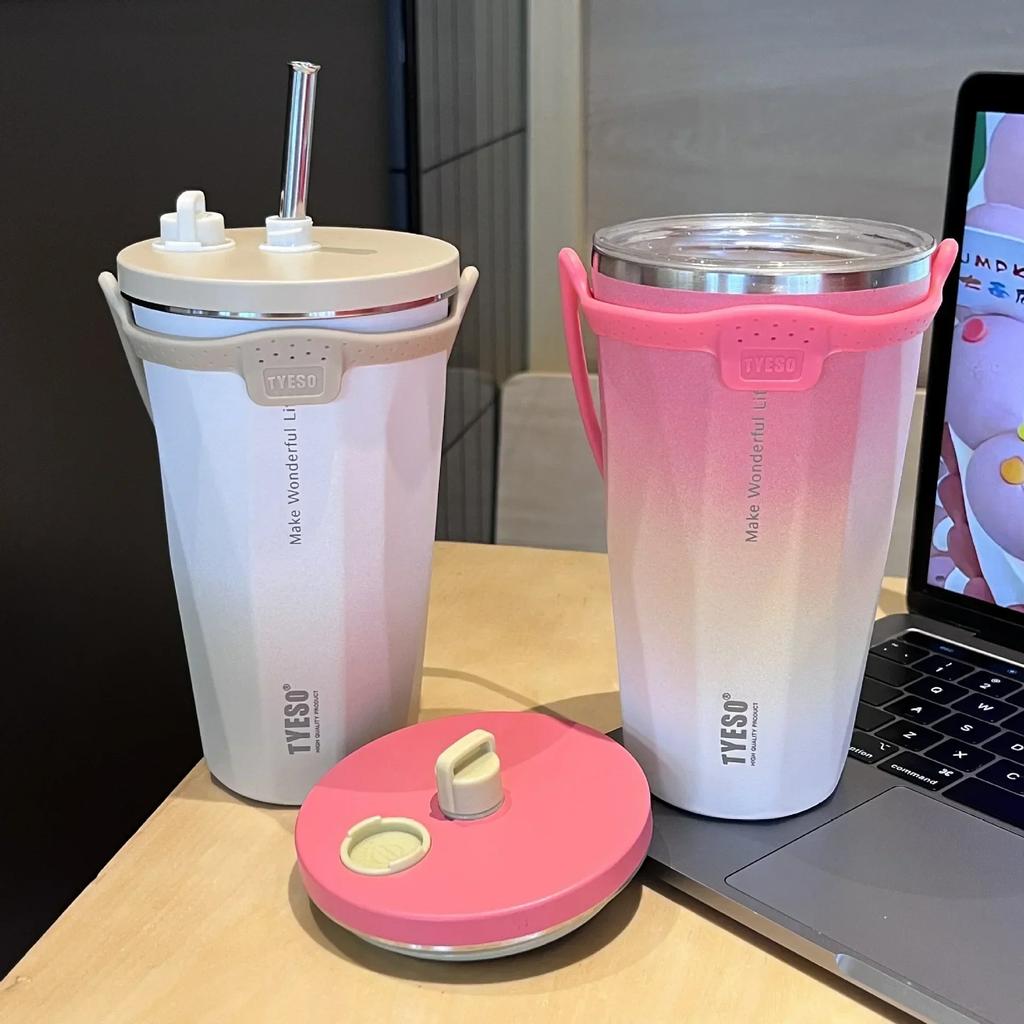 Vacuum Insulated Bottle 600ml Color Change Coffee Cup with Straw Thermos Mug Leak-Proof Thermos Travel Thermal Vacuum Flask Cup